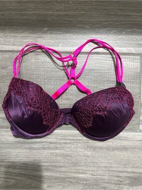 Plunge Lace Push-Up Bra Purple with Hot Pink Straps racer back front closure